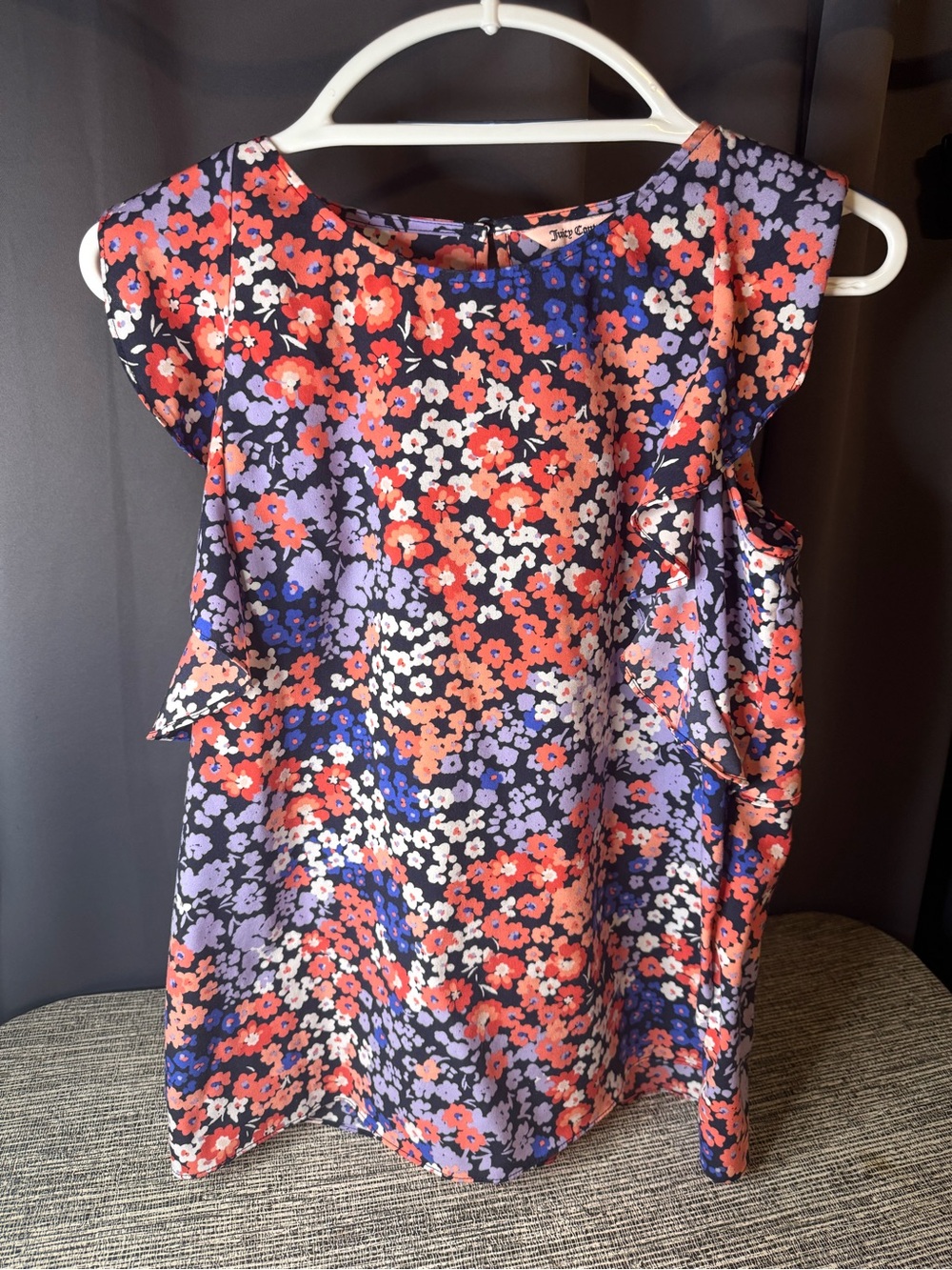 Juicy Couture Coral, Lavender & Navy Floral Ruffle-Sleeve Blouse